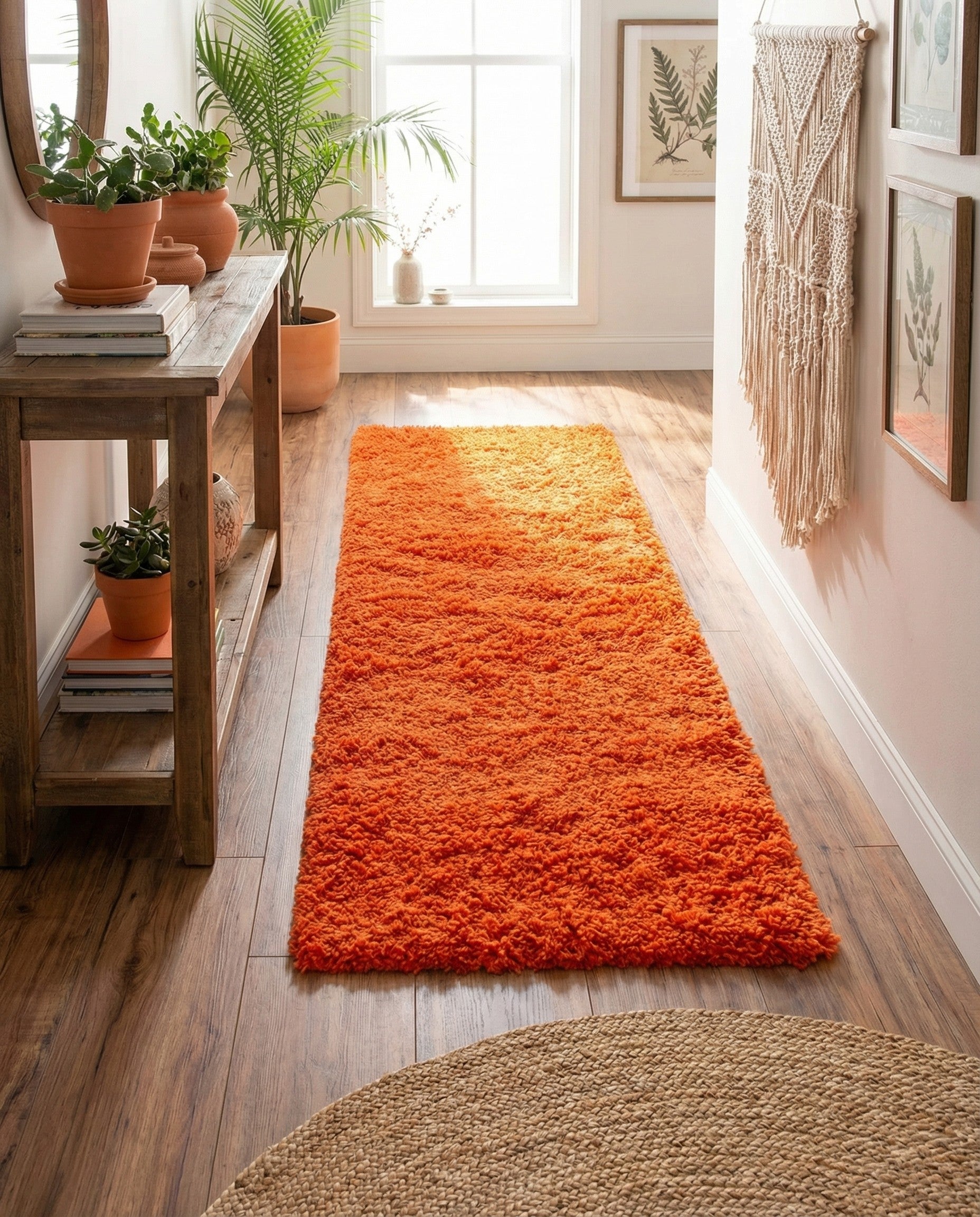 A vibrant orange 13 ft runner rug with a soft, shaggy texture, perfect for a hallway.