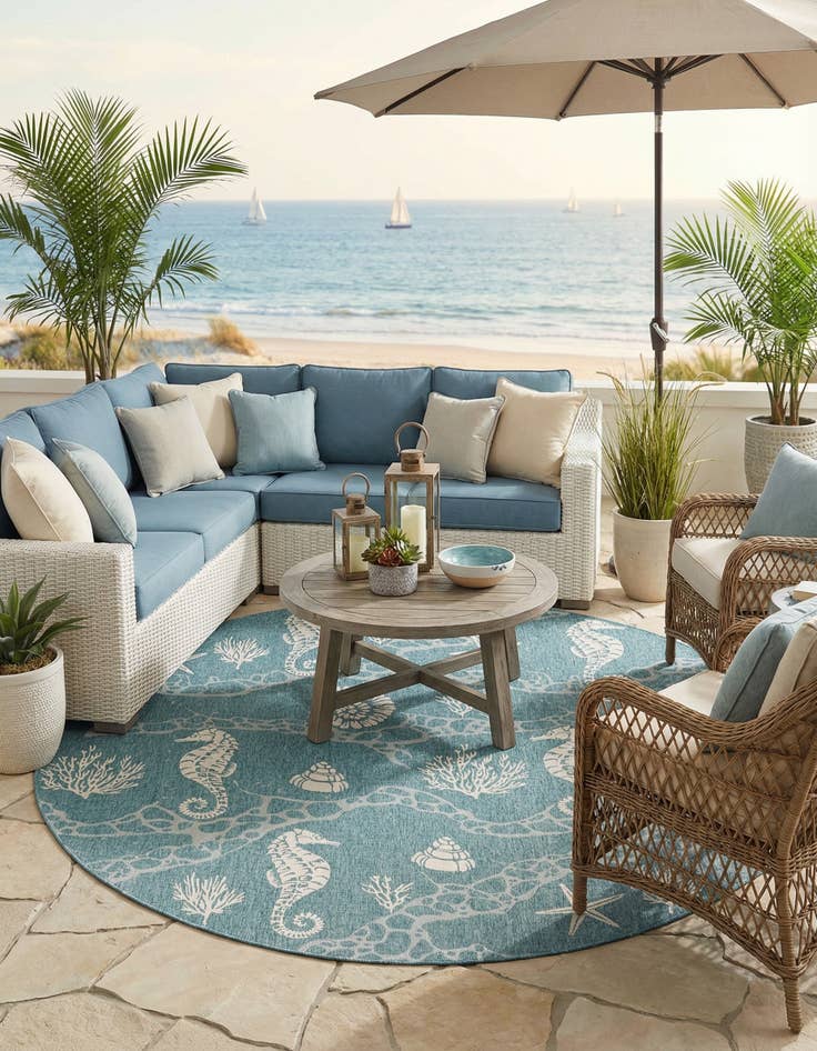 Detail image of  13' x 13'  Washable Coastal Indoor / Outdoor Round Rug