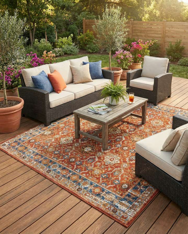 7' 10 x 7' 10 Easy-Clean Traditional Indoor / Outdoor Square Rug