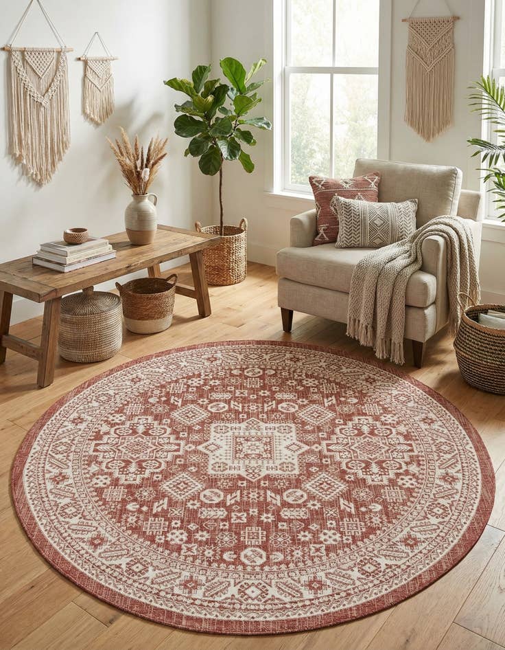 Detail image of 7' 10 x 7' 10 Easy-Clean Aztec Indoor / Outdoor Round Rug