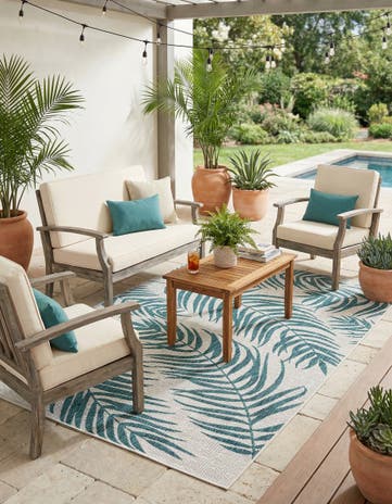 Teal Ivory Easy-Clean Botanical Indoor / Outdoor Rug