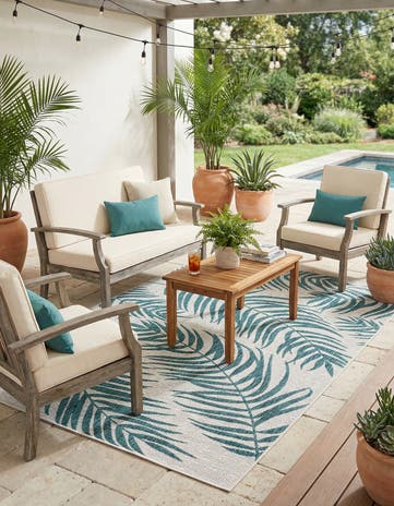 Teal Ivory Easy-Clean Botanical Indoor / Outdoor Rug