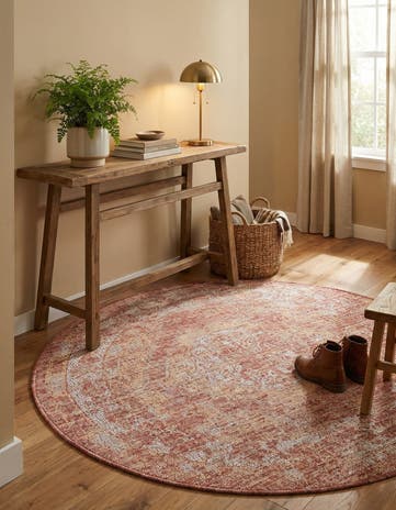 Rust Red Easy-Clean Traditional Indoor / Outdoor Round Rug
