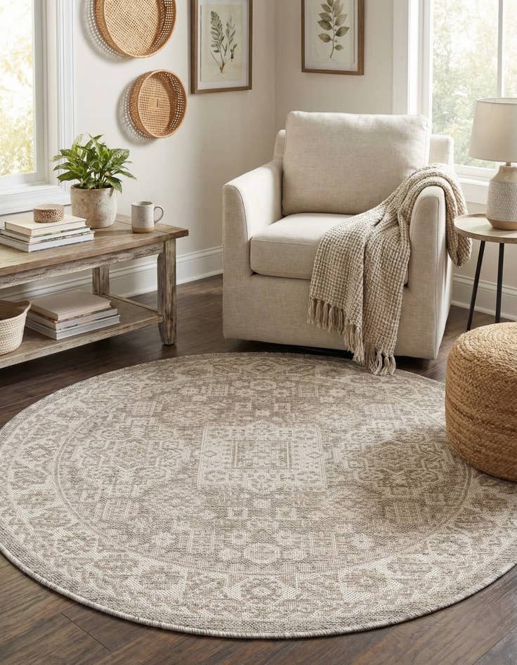 Detail image of 4' x 4'  Washable Aztec Indoor / Outdoor Round Rug