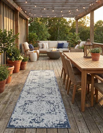Navy Blue Easy-Clean Traditional Indoor / Outdoor Runner Rug