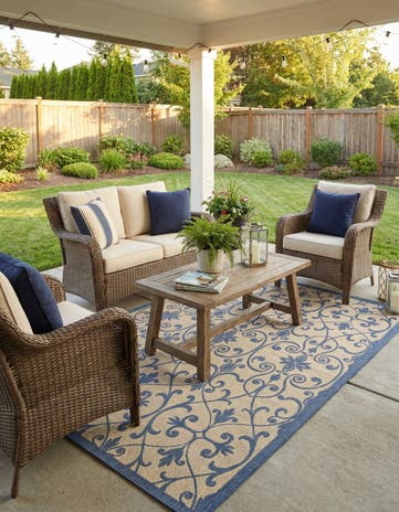 Blue Easy-Clean Botanical Indoor / Outdoor Rug