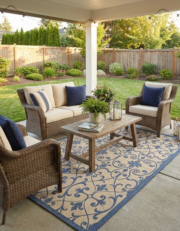 Blue Easy-Clean Botanical Indoor / Outdoor Rug