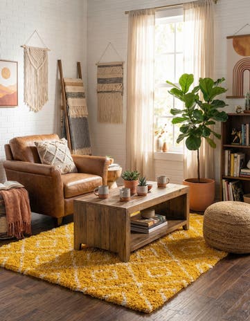 Yellow Lattice Shag Square Rug