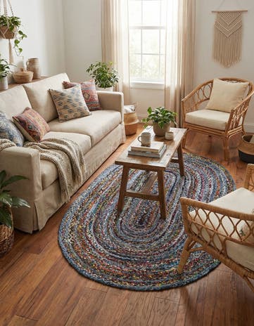 Blue and Multi Handmade Braided Chindi Oval Rug