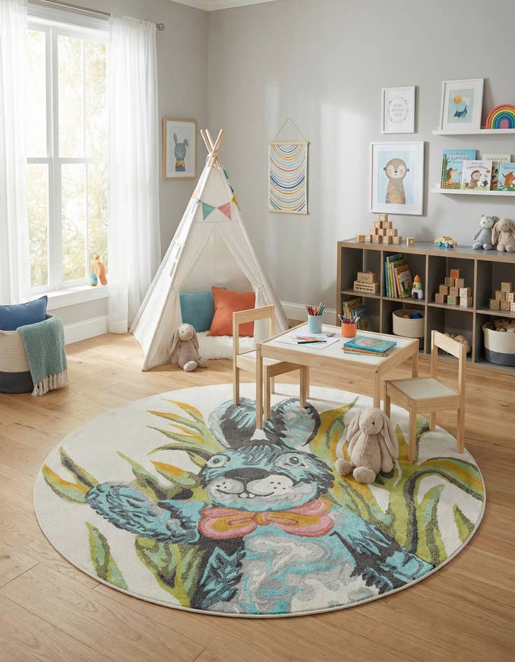 Detail image of 7' 10 x 7' 10 Rabbit Whimsy Kids Round Rug