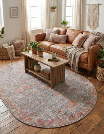 Antique Blue Washable Nostalgia Oval Rug