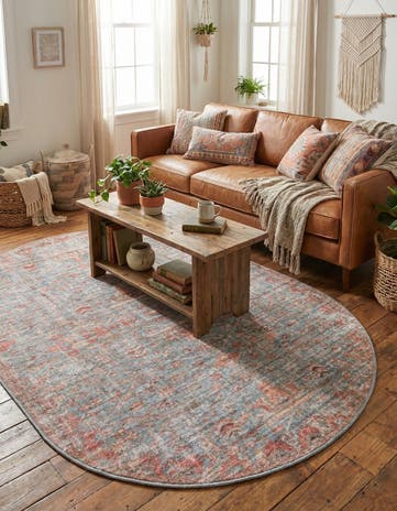 Antique Blue Washable Nostalgia Oval Rug