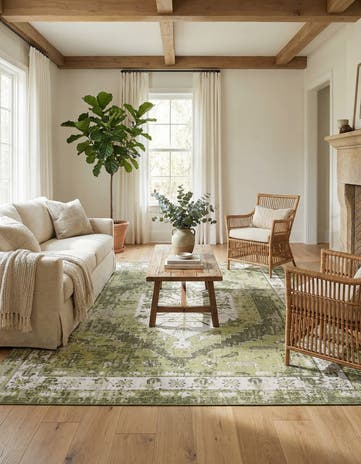 Green Easy-Clean Traditional Indoor / Outdoor Rug