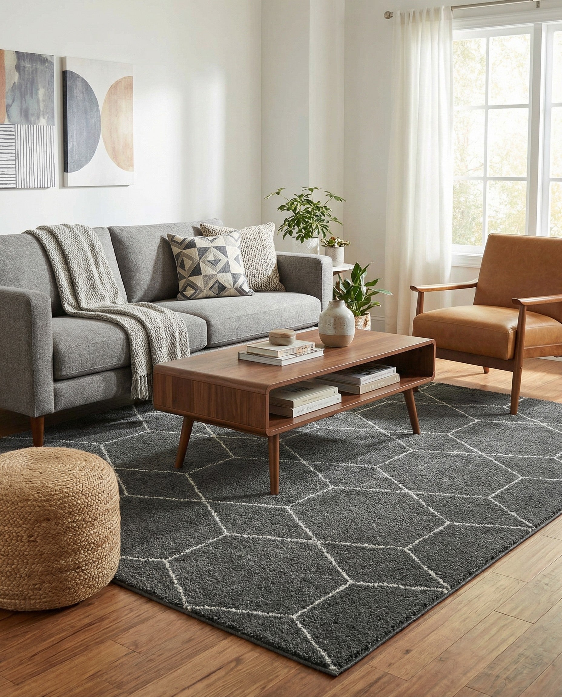 A 7' 10 x 7' 10 square gray area rug with a modern white trellis pattern, featuring thin pile.