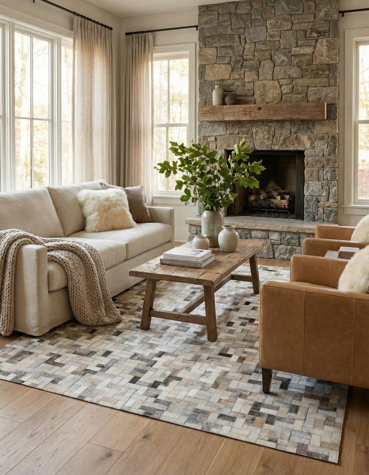 Detail image of 4' 7 x 6' 6 Cowhide Stocks Rug