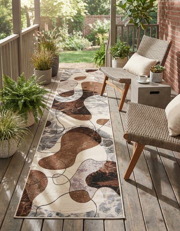 Brown and White Easy-Clean Modern Indoor / Outdoor Runner Rug