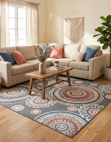 Black Easy-Clean Botanical Indoor / Outdoor Square Rug
