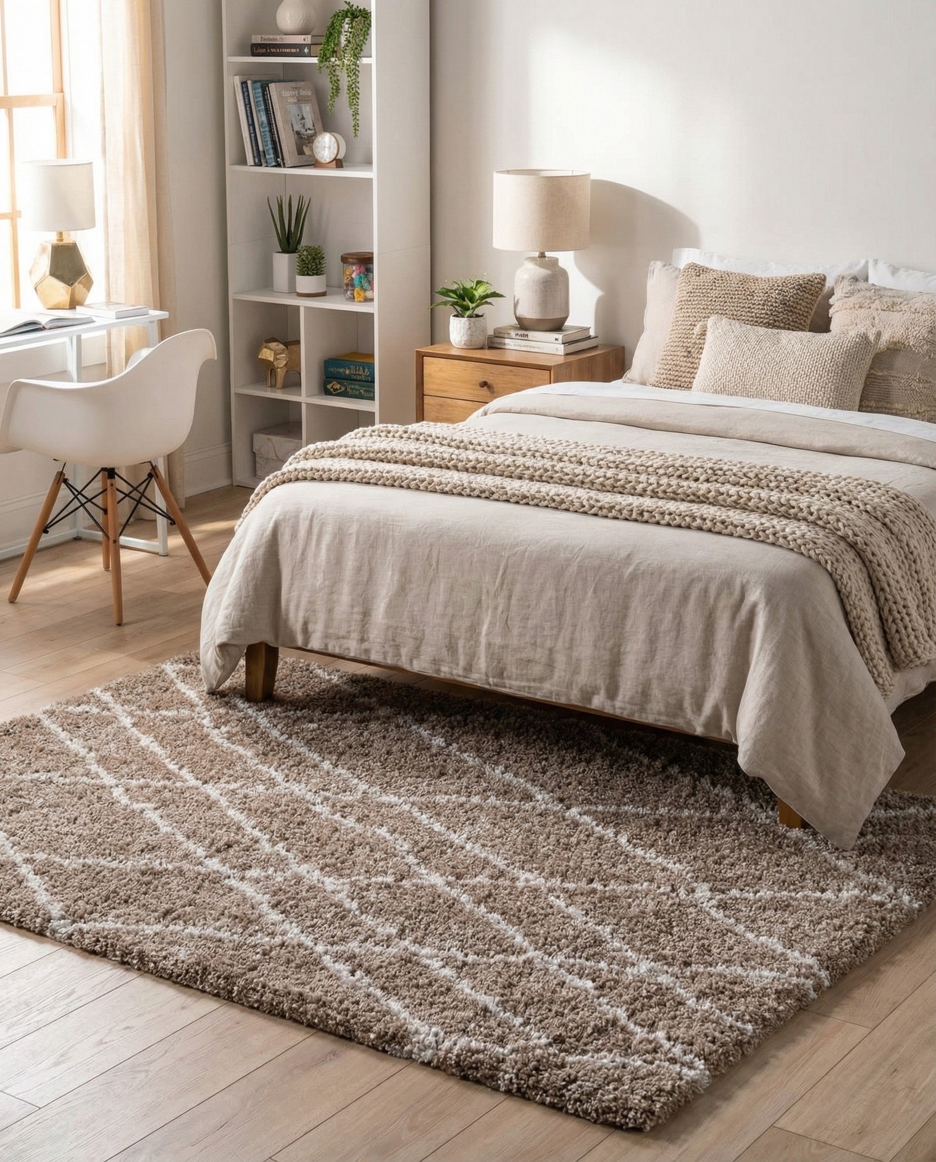 A 4x6 rectangular brown shag rug with a cream diamond trellis pattern, ideal for a living room or bedroom.
