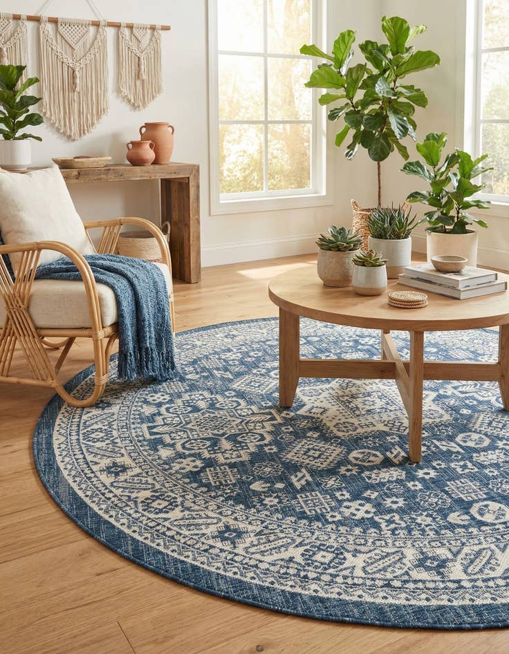 Detail image of  7' 10 x 7' 10  Washable Aztec Indoor / Outdoor Round Rug