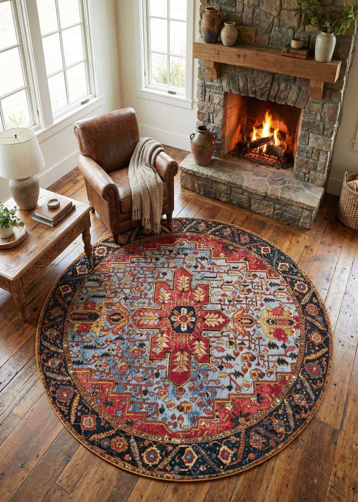 7' 10 x 7' 10 Easy-Clean Traditional Indoor / Outdoor Round Rug
