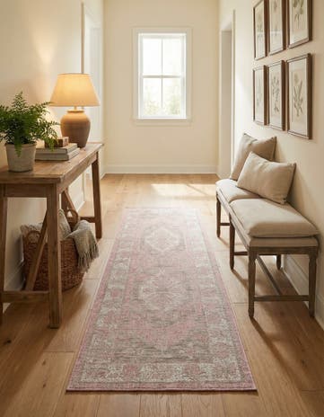 Pink Easy-Clean Traditional Indoor / Outdoor Runner Rug