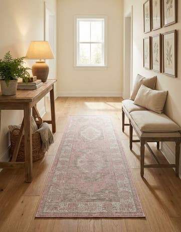 Pink Easy-Clean Traditional Indoor / Outdoor Runner Rug