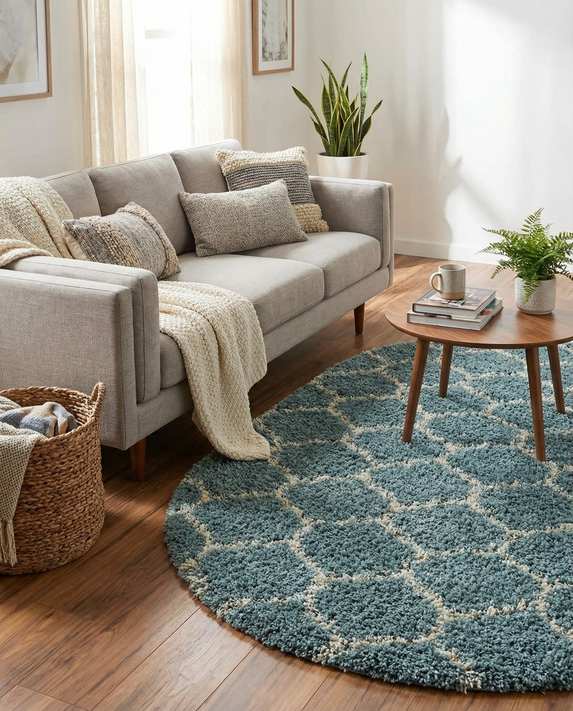A 4'x6' oval light blue shag rug with a white modern lattice pattern, featuring a textured high/low pile.