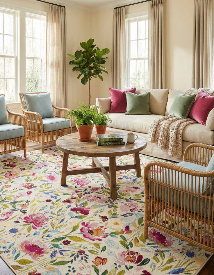 Detail image of 10' x 10' Easy-Clean Botanical Indoor / Outdoor Square Rug