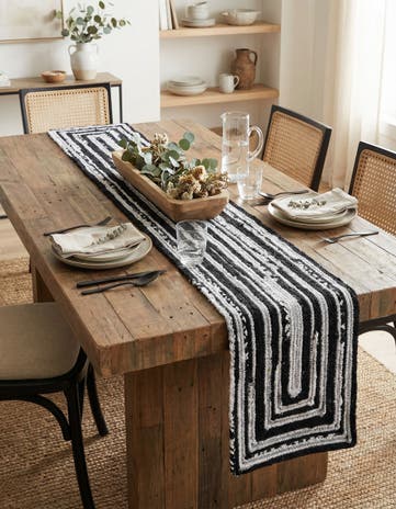 Black and White Handmade Braided Chindi Table Runner Rug