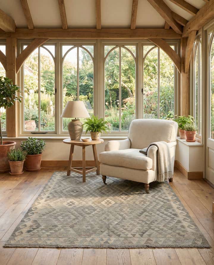 5' 3 x 6' 7 Hand Woven Kilim Maymana Wool Rug