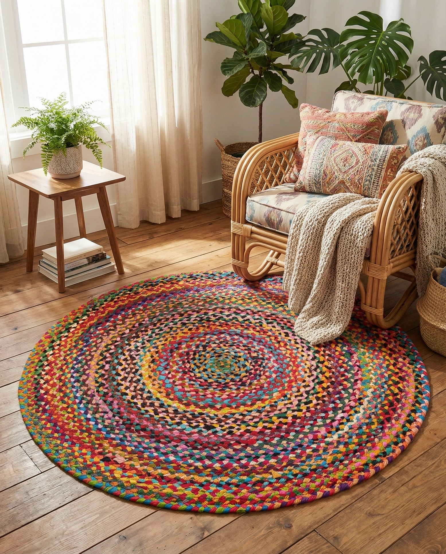 Hand Braided Chindi Round Rug in a room