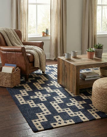 Navy and White Hand Woven Kilim Wool Rug