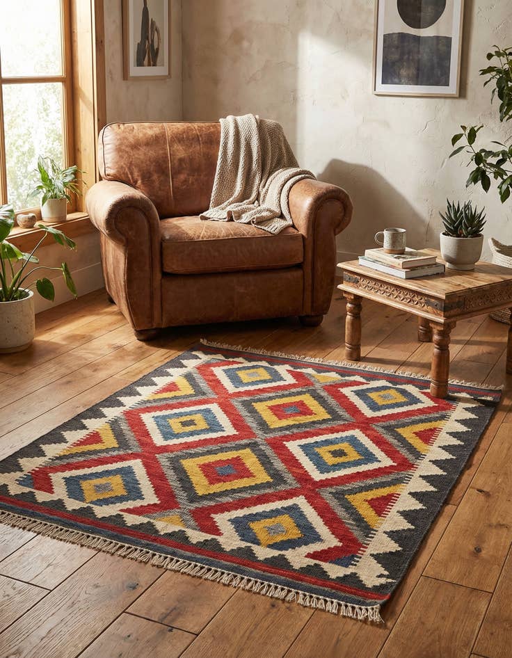 Detail image of 4' 2 x 5' 9  Hand Woven Kilim Maymana Wool Rug