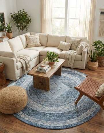 Navy Blue Kamala Washable Round Rug
