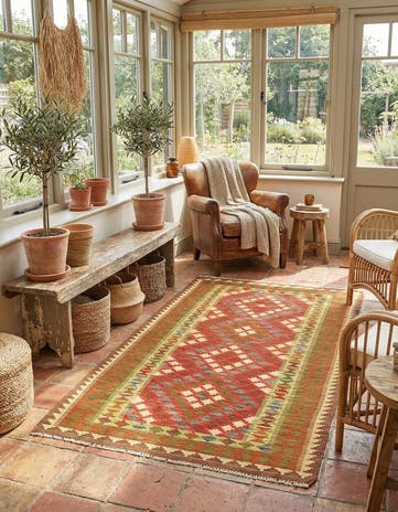 3' 4 x 6' 3 Hand Woven Kilim Maymana Wool Rug