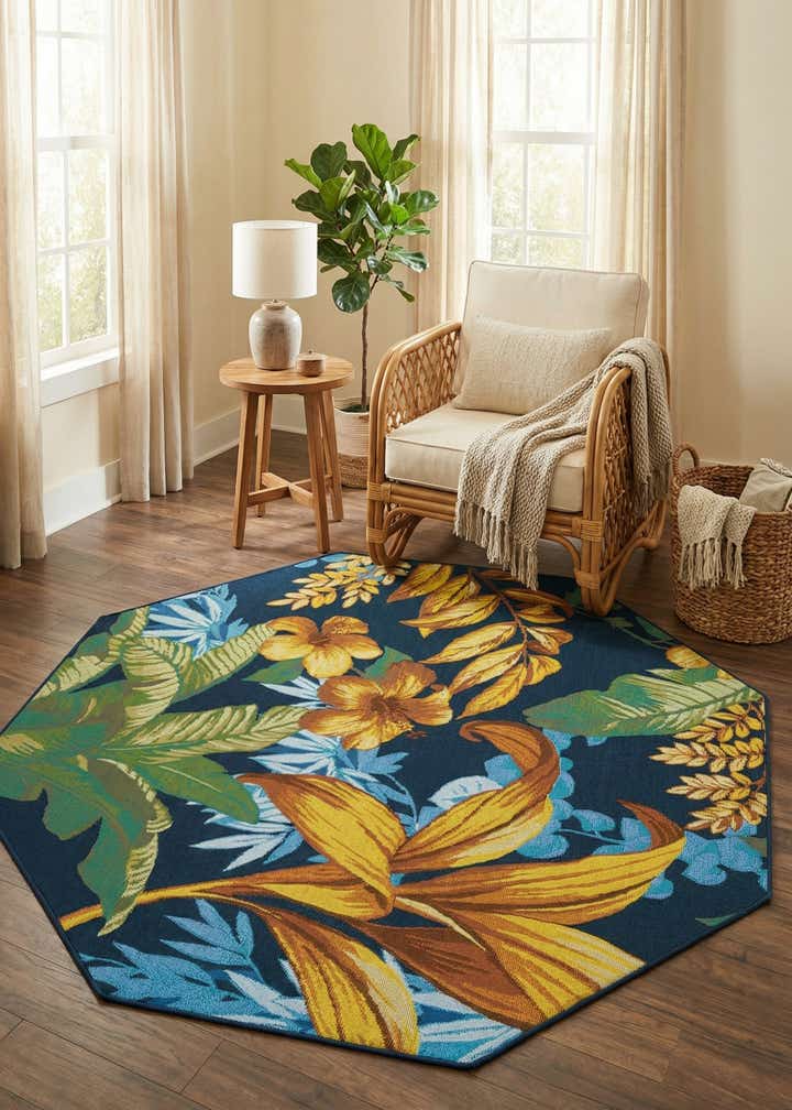 5' 3 x 5' 3 Easy-Clean Botanical Indoor / Outdoor Octagon Rug