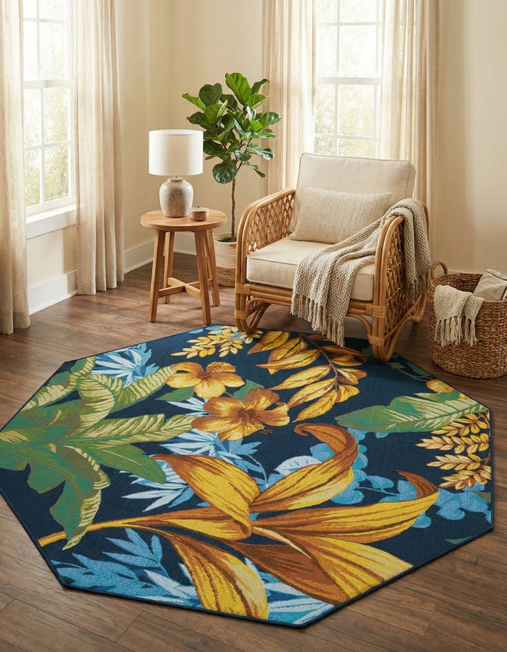 Detail image of  5' 3 x 5' 3  Washable Botanical Indoor / Outdoor Octagon Rug
