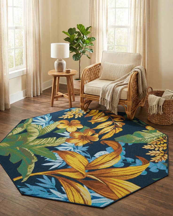 Detail image of 5' 3 x 5' 3 Easy-Clean Botanical Indoor / Outdoor Octagon Rug