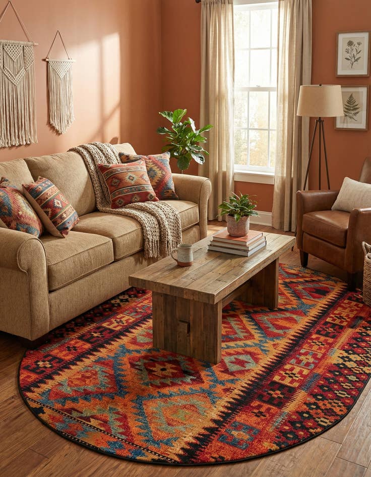 Detail image of 7' 10 x 10' Easy-Clean Tribal Indoor / Outdoor Oval Rug