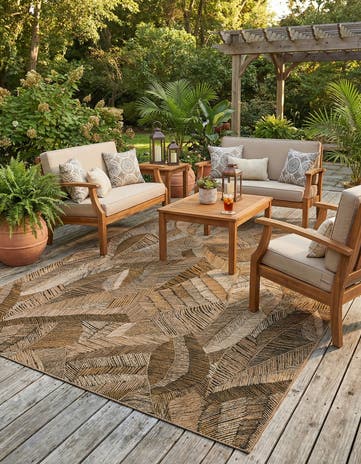 Brown and Beige Easy-Clean Botanical Indoor / Outdoor Rug