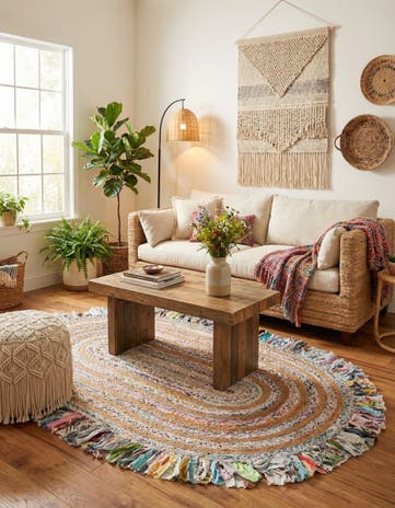 Multi White Hand Braided Chindi Jute Oval Rug