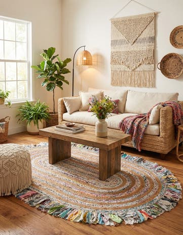 5' 1 x 8' Hand Braided Chindi Jute Oval Rug