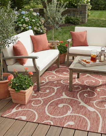 Rust Red Easy-Clean Botanical Indoor / Outdoor Rug