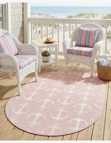 Pink Easy-Clean Coastal Indoor / Outdoor Oval Rug