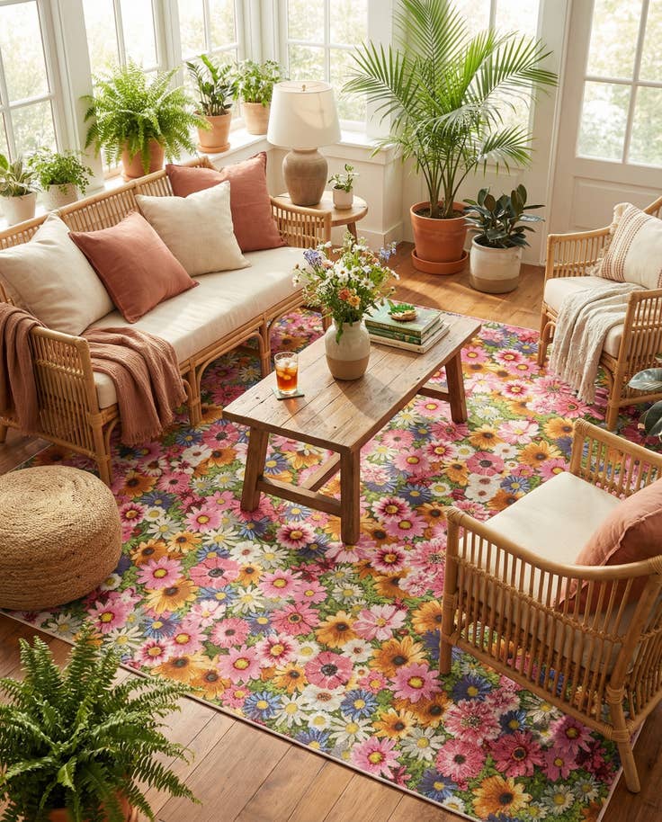 Detail image of 10' x 10' Easy-Clean Botanical Indoor / Outdoor Square Rug