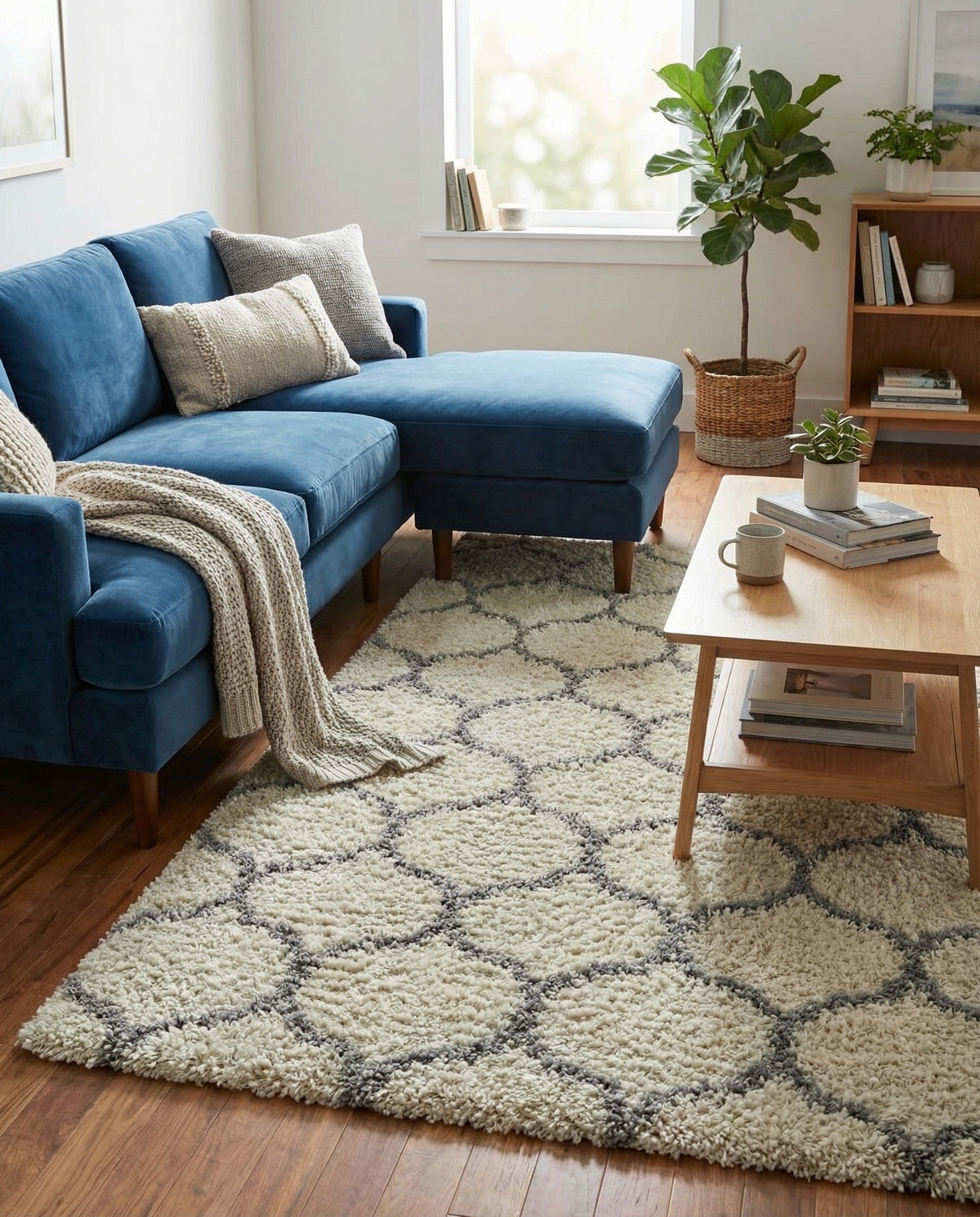 A 5x8 rectangular ivory shag rug with a modern gray lattice pattern, showcasing its textured high-low pile.