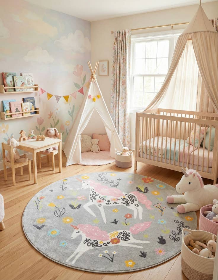 Detail image of 7' 10 x 7' 10 Unicorns Whimsy Kids Round Rug