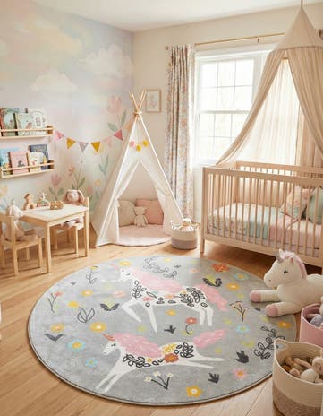 7' 10 x 7' 10 Unicorns Whimsy Kids Round Rug