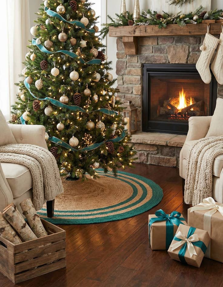 Detail image of 6' 1 x 6' 1  Hand Braided Christmas Tree Skirt