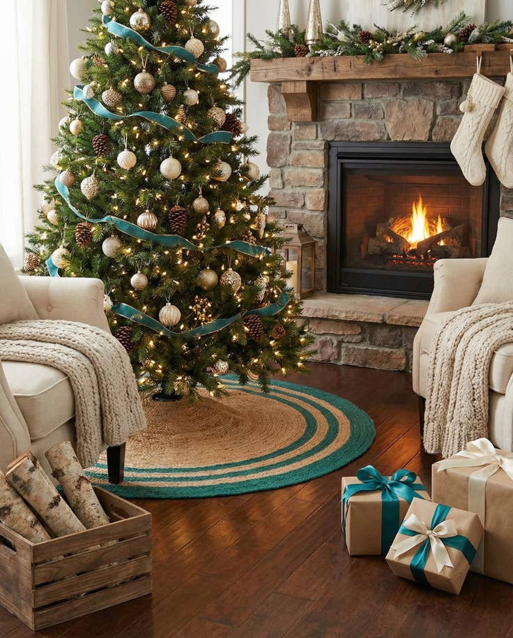 Detail image of 6' 1 x 6' 1 Hand Braided Christmas Tree Skirt